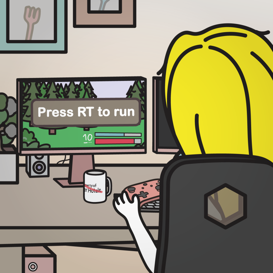 Emily is sitting at her desk playing a video game on her computer with a controller. The game instructs her to press "RT" to run.