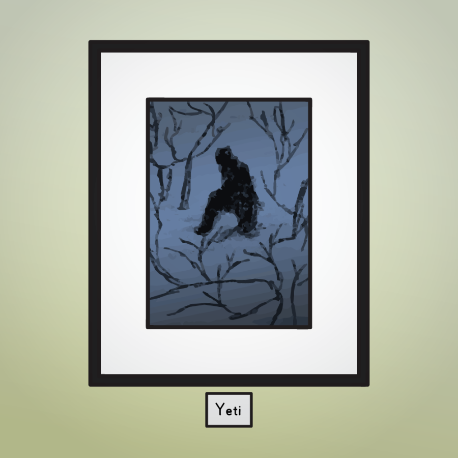 The first painting shows a blurry image of a human-like figure. The text next to it says: "Yeti".