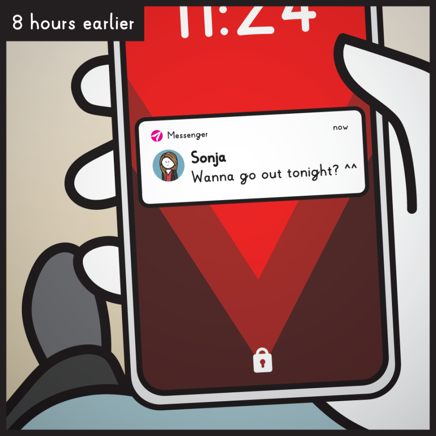 Eight hours earlier: Emily sees a text message from Sonja on her phone. The message reads: "Wanna go out tonight? ^^"