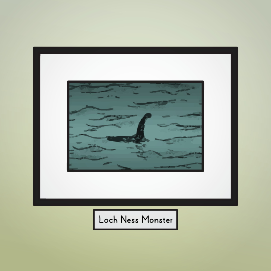 The second painting shows another blurry image of a creature in the water. The text next to it says: "Loch Ness Monster".