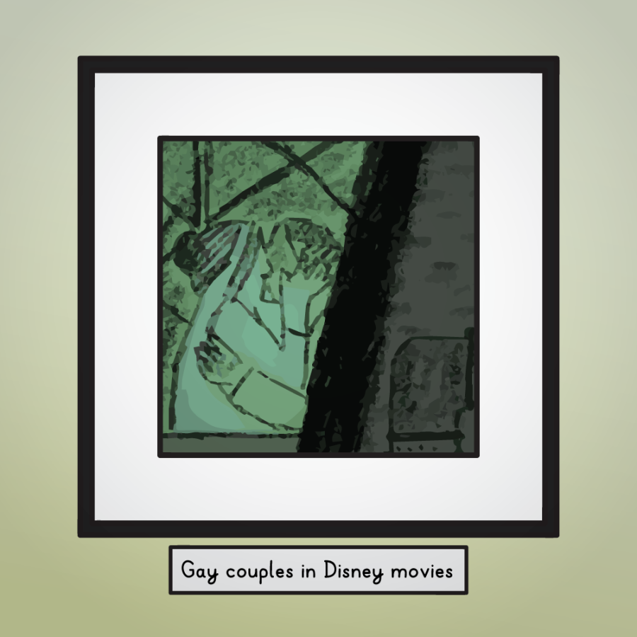 The third painting shows a couple kissing, hidden behind a wall with pipes. The text next to it says: "Gay coupls in Disney movies".