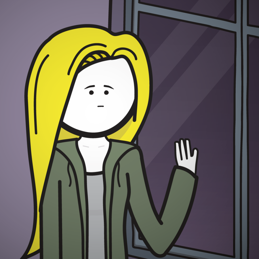 Still in color, Emily breaks her gaze out of the window to look at Sonja, saying nothing.